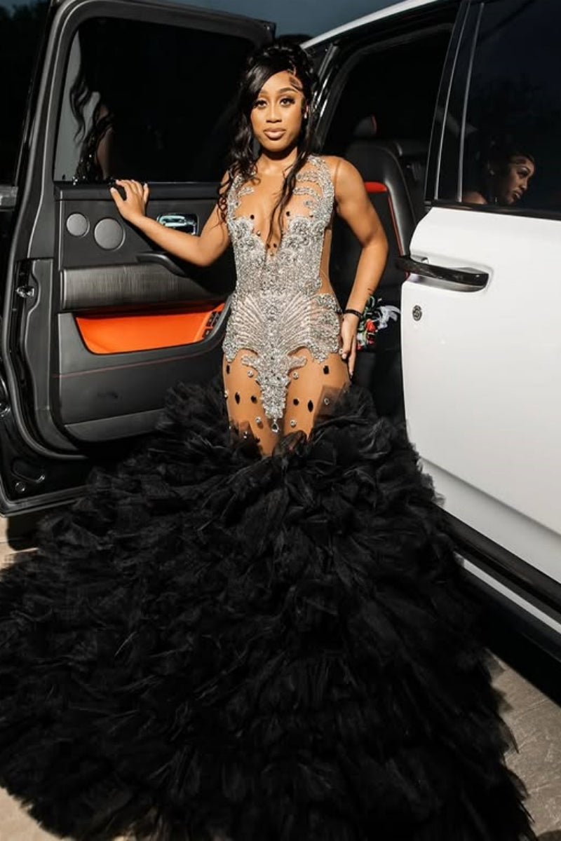 Elegant Mermaid Silver Beading Black Tulle Ruffles Prom Dress