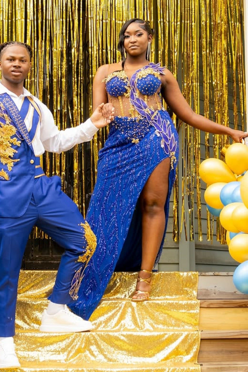 Sexy Jewel Yellow Beading High Split Blue Sequins Prom Dress