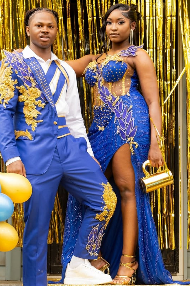 Sexy Jewel Yellow Beading High Split Blue Sequins Prom Dress