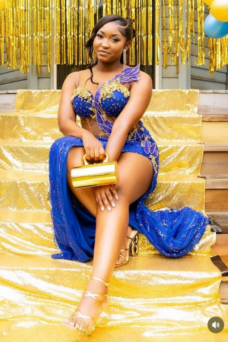 Sexy Jewel Yellow Beading High Split Blue Sequins Prom Dress
