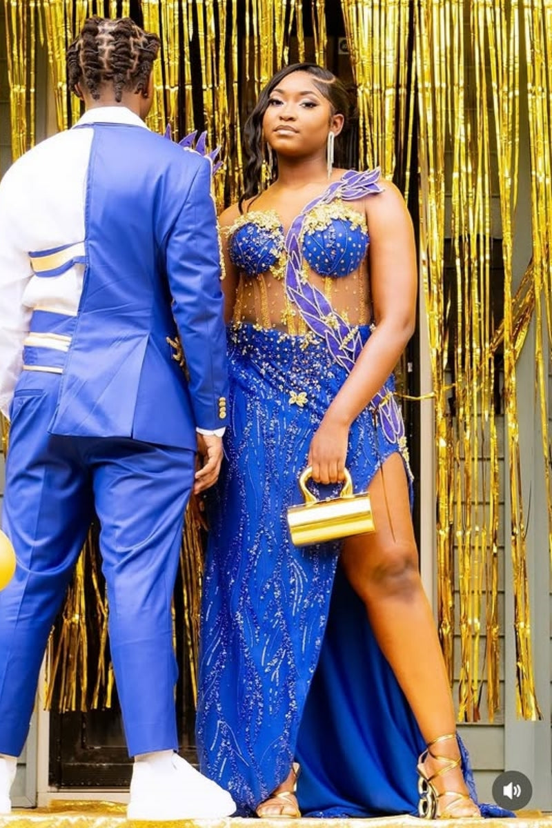Sexy Jewel Yellow Beading High Split Blue Sequins Prom Dress