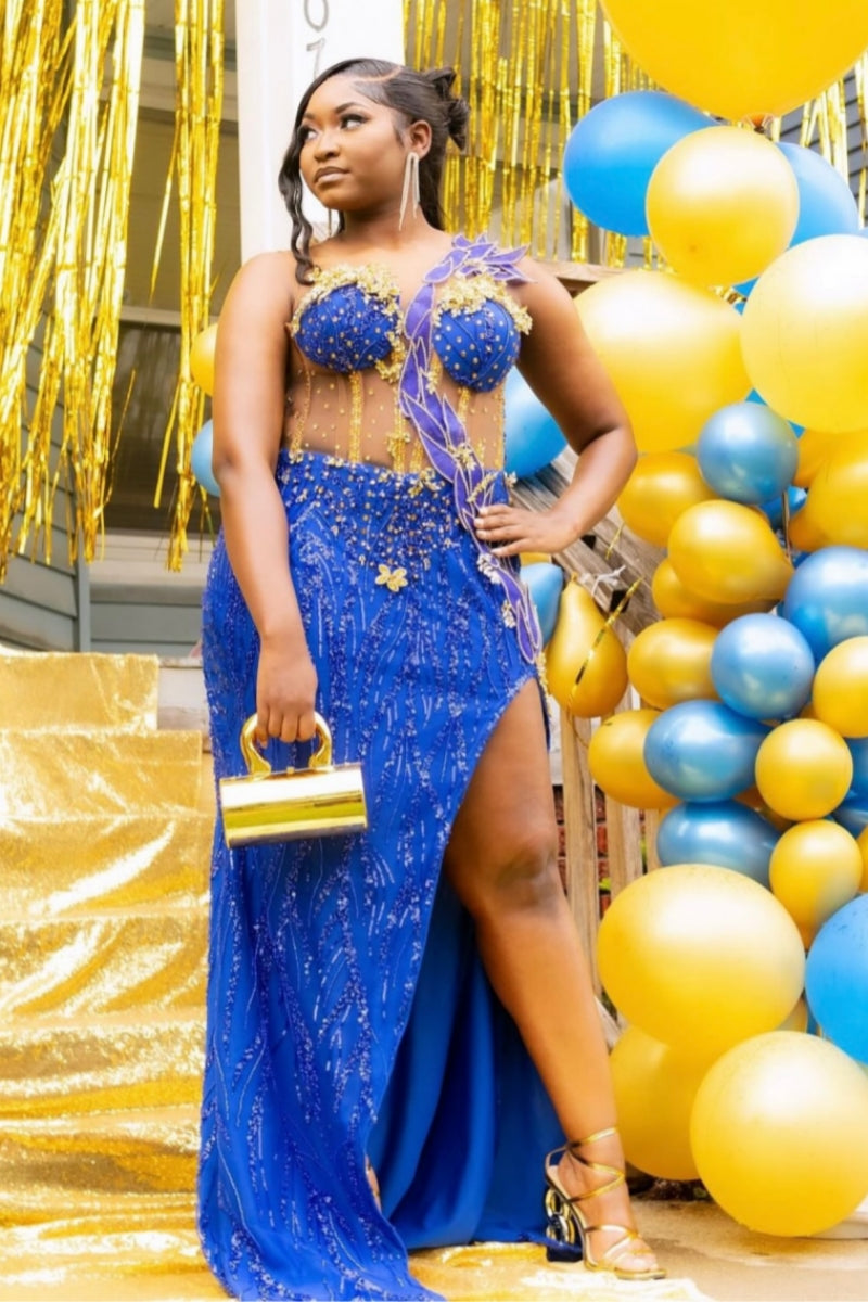 Sexy Jewel Yellow Beading High Split Blue Sequins Prom Dress
