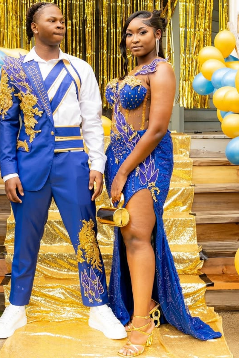 Sexy Jewel Yellow Beading High Split Blue Sequins Prom Dress