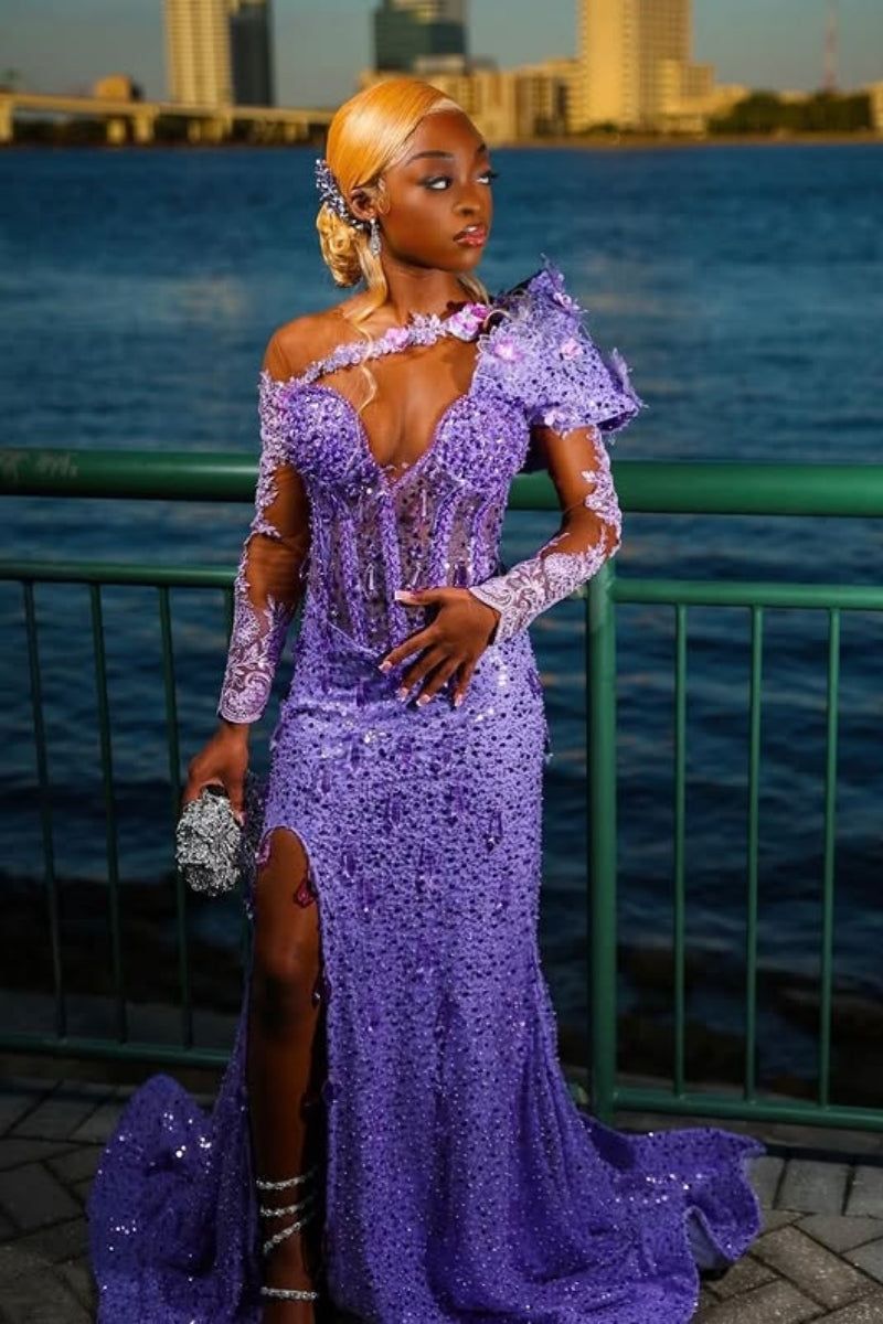 Fancy Long Sleeves Purple Sequins Side Slit Prom Dress