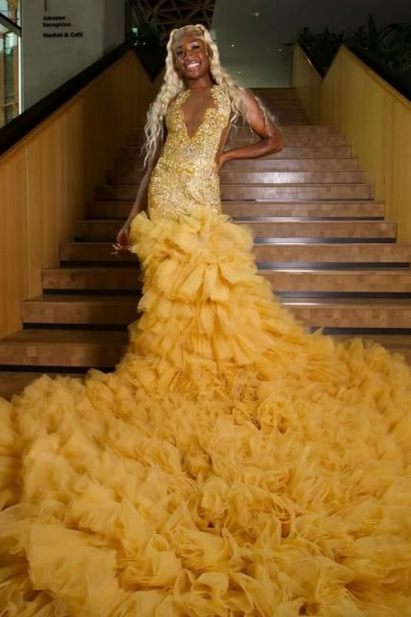 Handsome Yellow Sleeveless Mermaid Beadings Tulle Ruffles Prom Dress