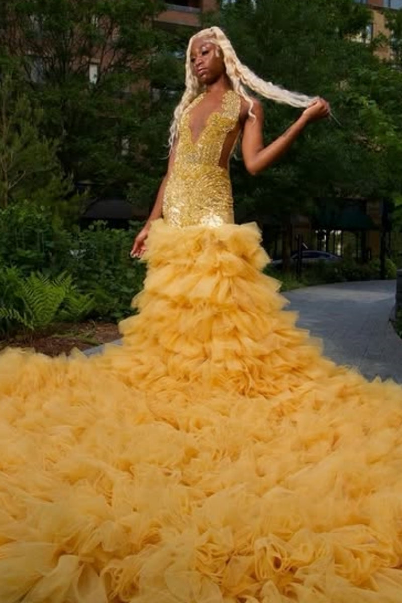 Handsome Yellow Sleeveless Mermaid Beadings Tulle Ruffles Prom Dress