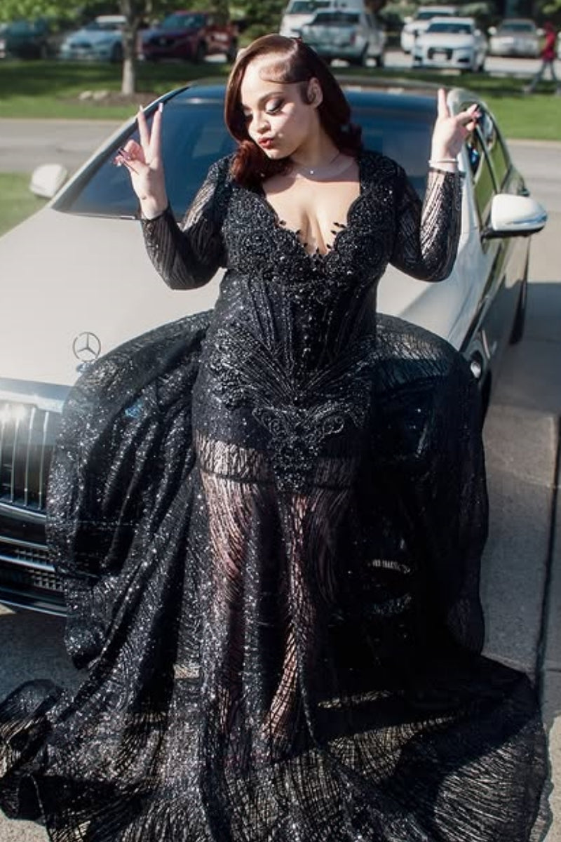 Intellectuality Black Beadings Mermaid Long Sleeves Sequins Prom Dress