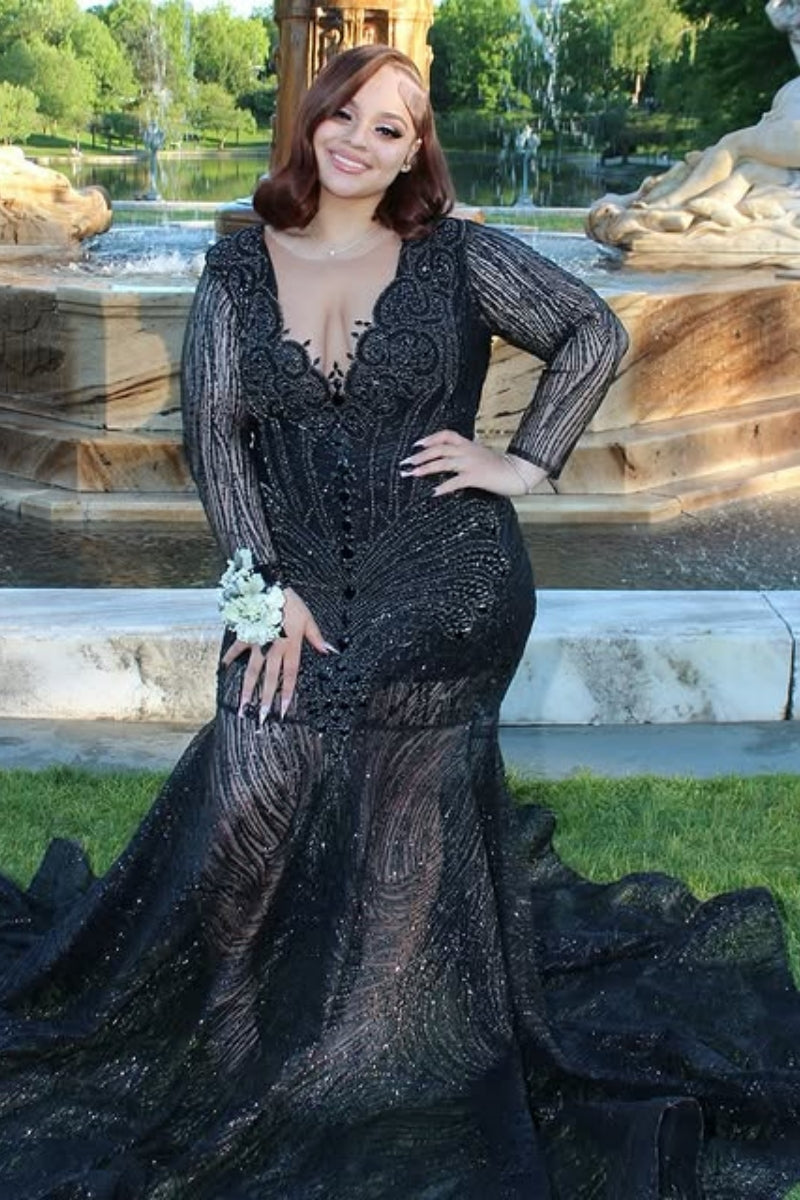 Intellectuality Black Beadings Mermaid Long Sleeves Sequins Prom Dress
