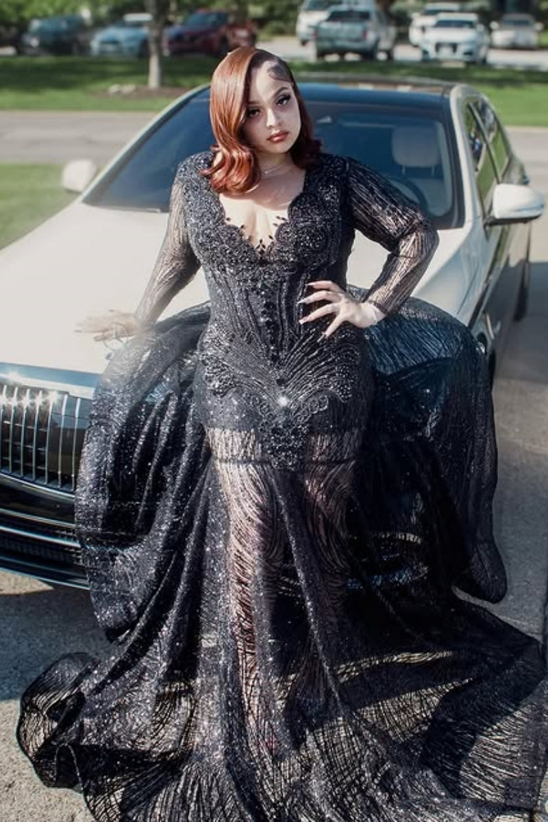 Intellectuality Black Beadings Mermaid Long Sleeves Sequins Prom Dress