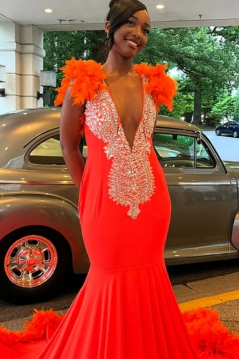 Mild Sleeveless V Neck White Beading Mermaid Orange Prom Dress With Feathers