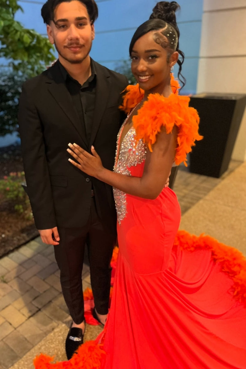 Mild Sleeveless V Neck White Beading Mermaid Orange Prom Dress With Feathers