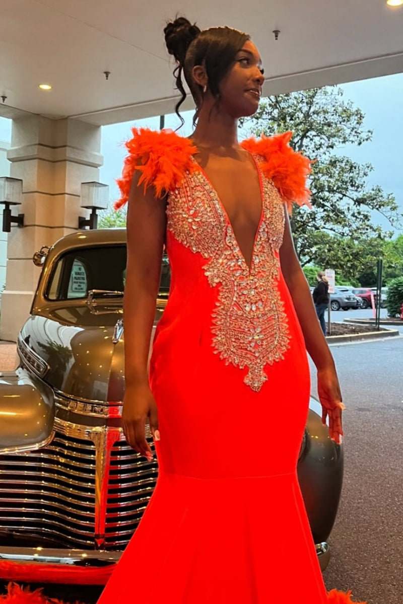 Mild Sleeveless V Neck White Beading Mermaid Orange Prom Dress With Feathers