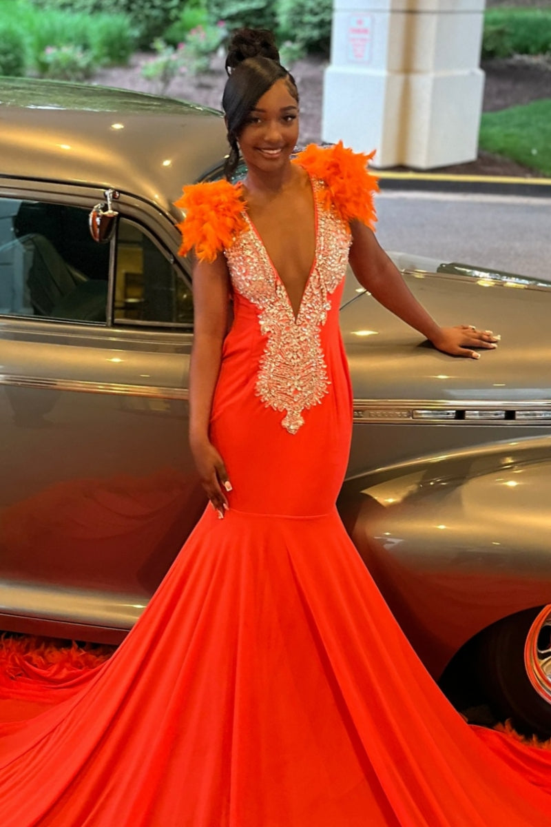 Mild Sleeveless V Neck White Beading Mermaid Orange Prom Dress With Feathers