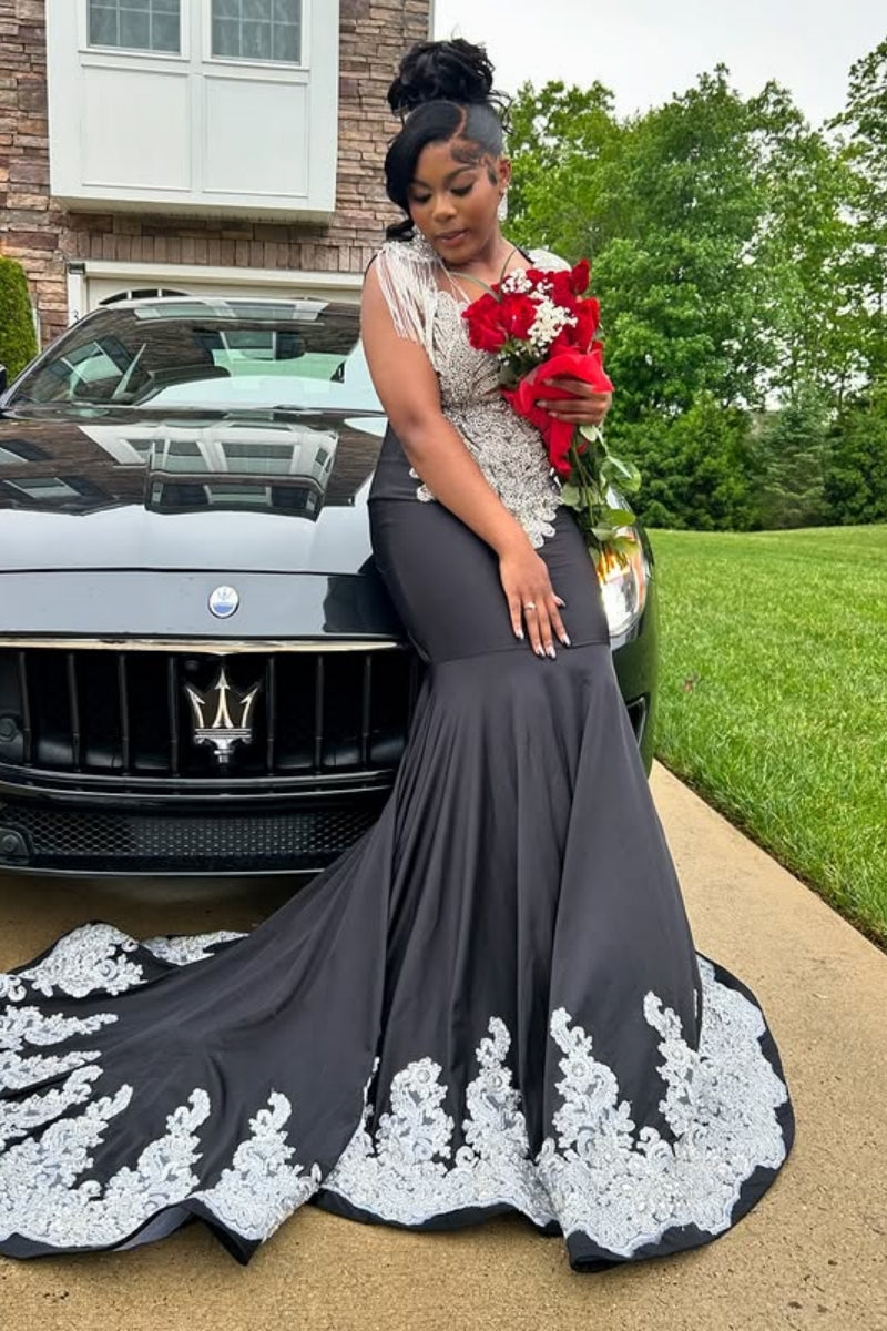 Decent Black Mermaid Beadings Backless White Lace Appliques Prom Dress