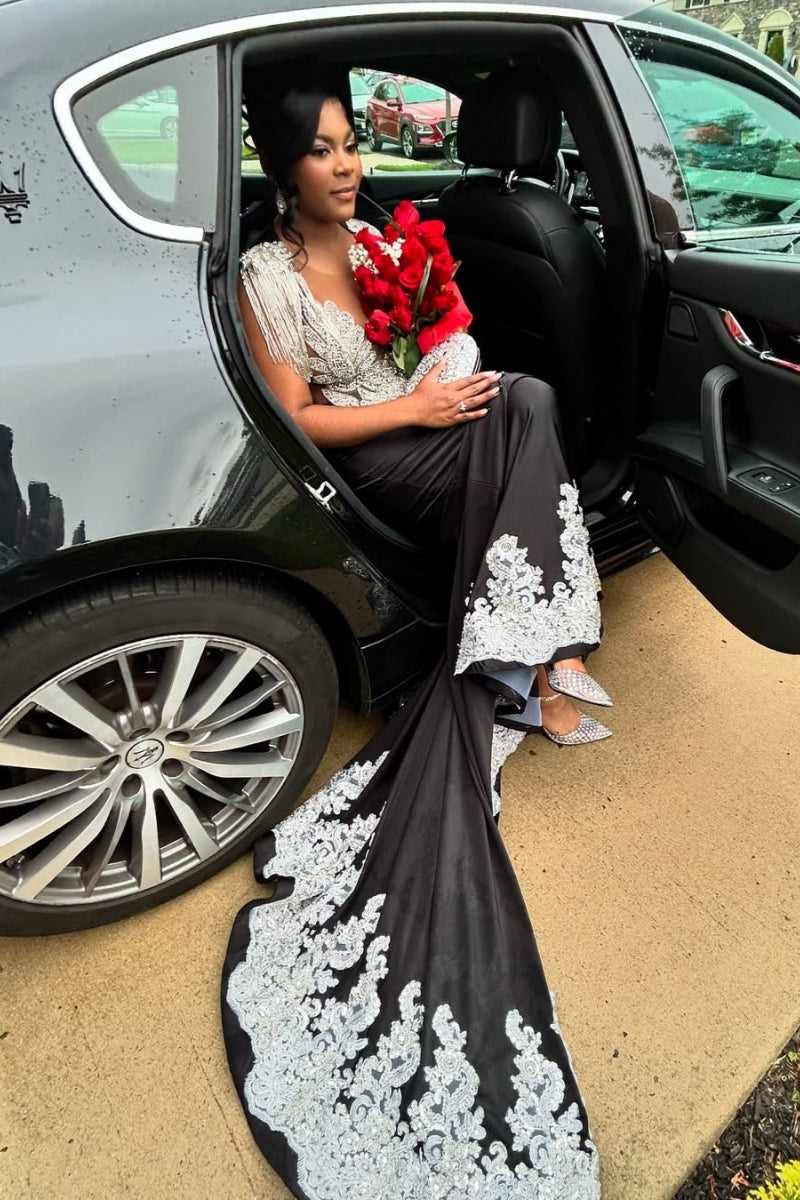 Decent Black Mermaid Beadings Backless White Lace Appliques Prom Dress