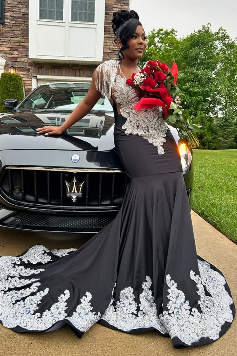 Decent Black Mermaid Beadings Backless White Lace Appliques Prom Dress