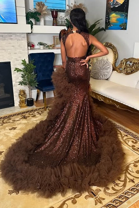 Gorgeous Brown Beading High Split Backless Tulle Ruffles Sequins Prom Dress