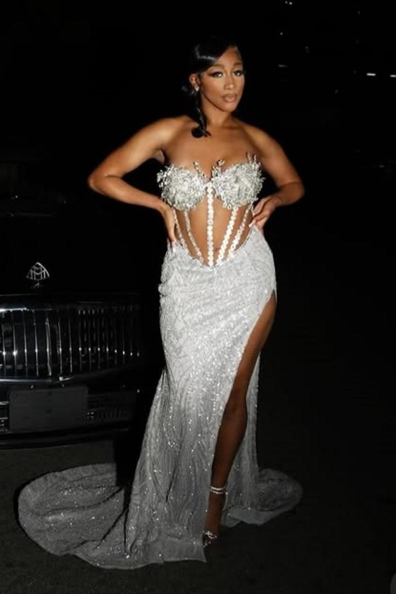 Sexy Beadings Sleeveless Sweetheart High Split Sequins Prom Dress
