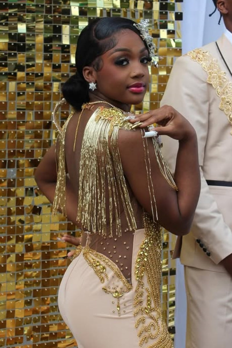 Dignified Gold Beading Mermaid Jewel Feathers Ruffles Prom Dress