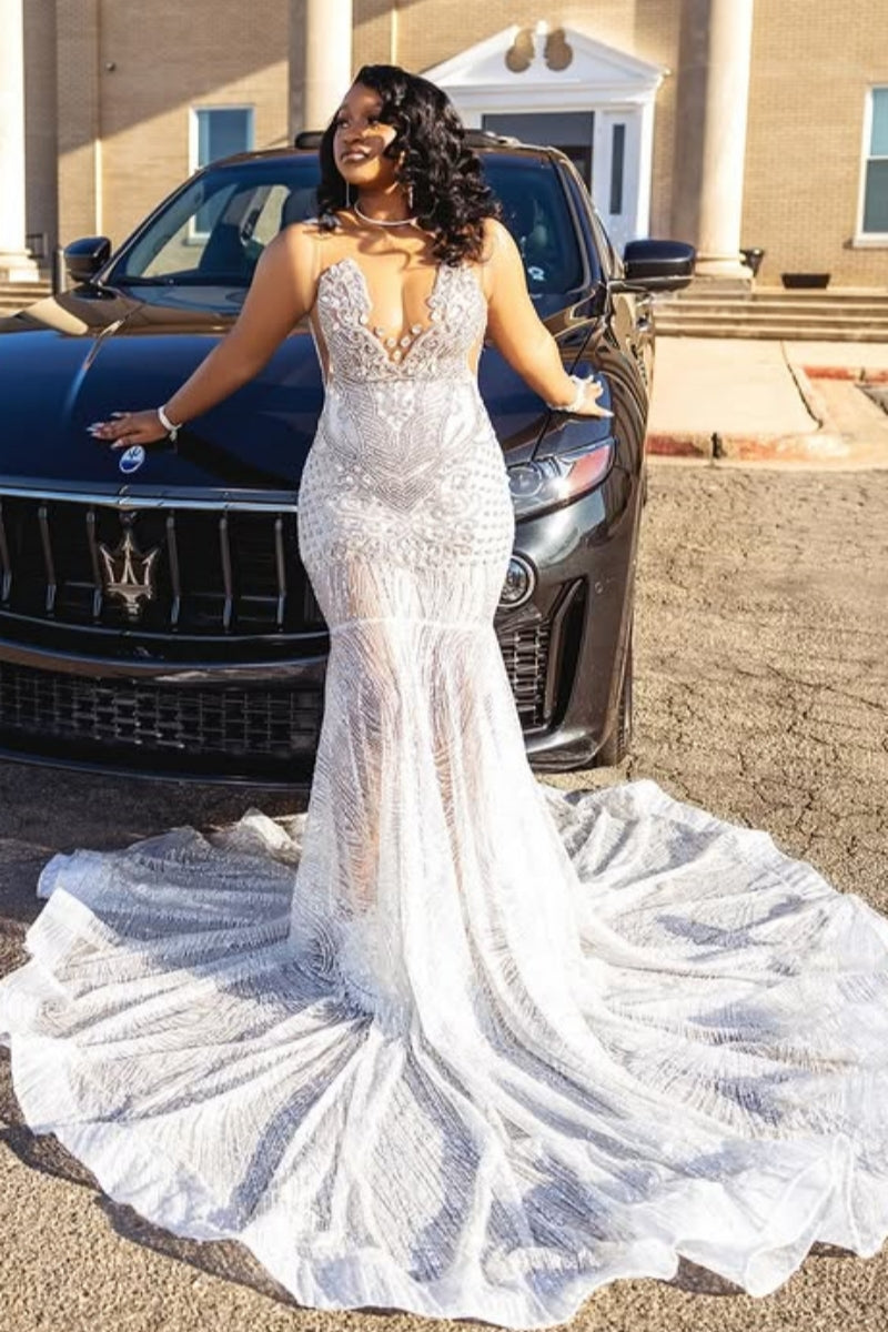 Elegant Silver Beading Jewel Mermaid Sequins Prom Dress