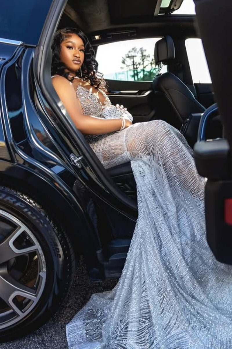 Elegant Silver Beading Jewel Mermaid Sequins Prom Dress