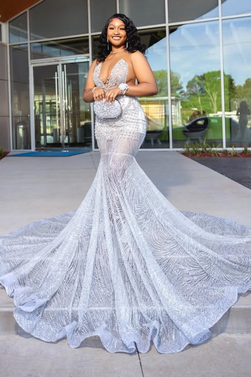 Elegant Silver Beading Jewel Mermaid Sequins Prom Dress