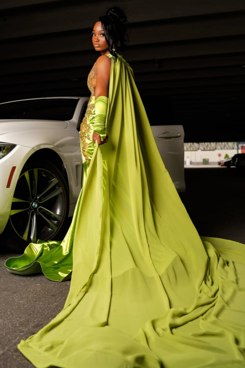 Fashion Green Sleeveness Appliques Mermaid Prom Dresses With Wrap