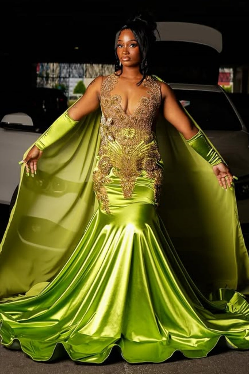 Fashion Green Sleeveness Appliques Mermaid Prom Dresses With Wrap