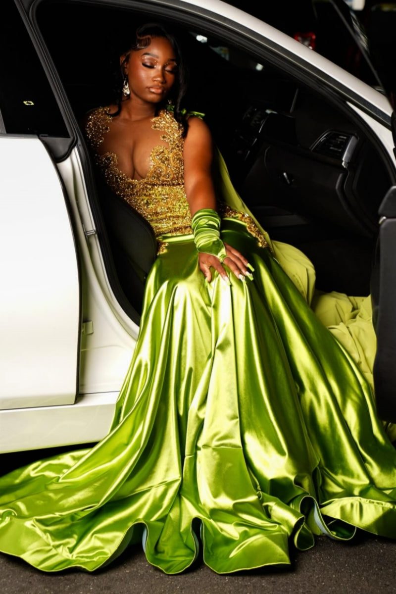 Fashion Green Sleeveness Appliques Mermaid Prom Dresses With Wrap