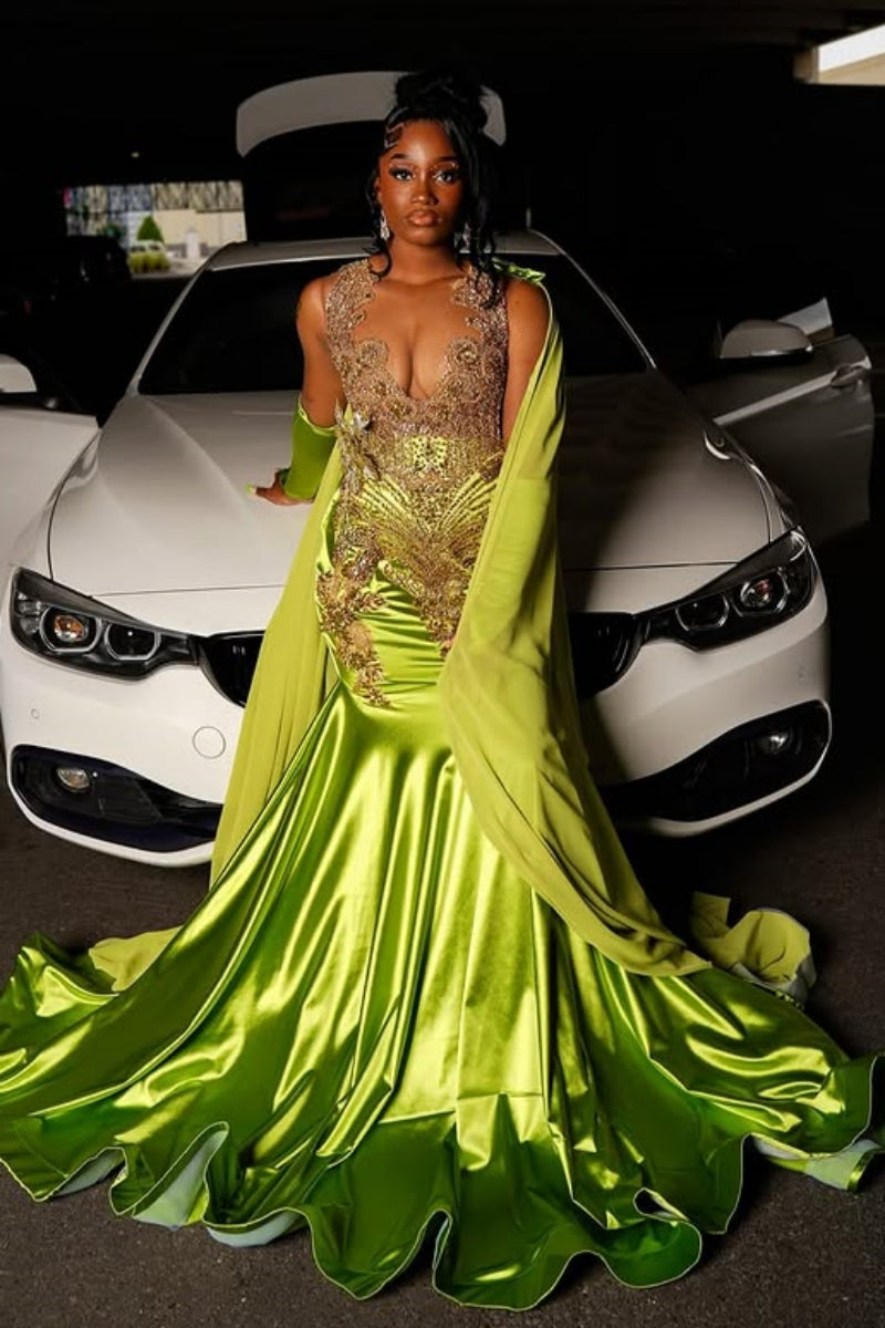 Fashion Green Sleeveness Appliques Mermaid Prom Dresses With Wrap