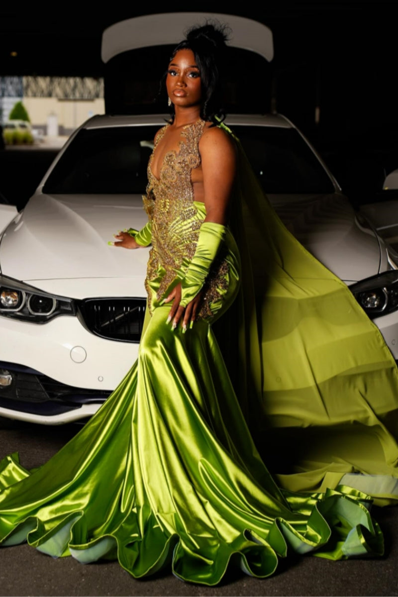 Fashion Green Sleeveness Appliques Mermaid Prom Dresses With Wrap