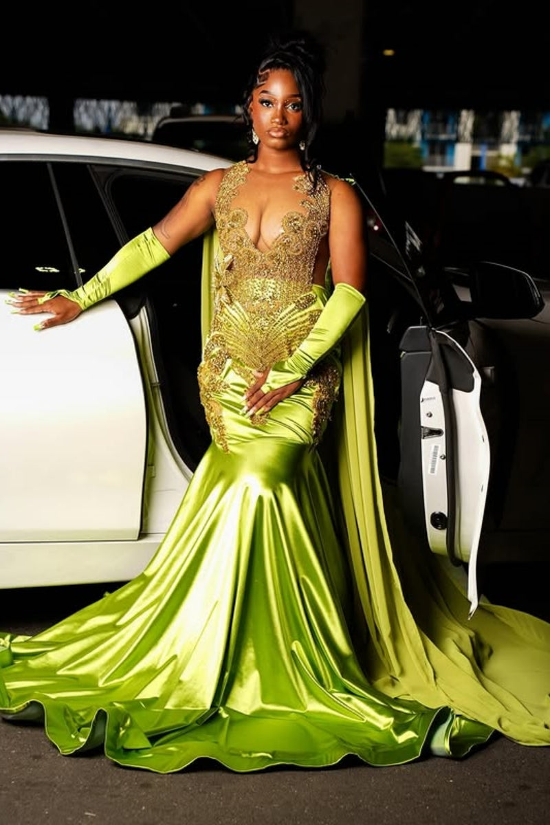 Fashion Green Sleeveness Appliques Mermaid Prom Dresses With Wrap