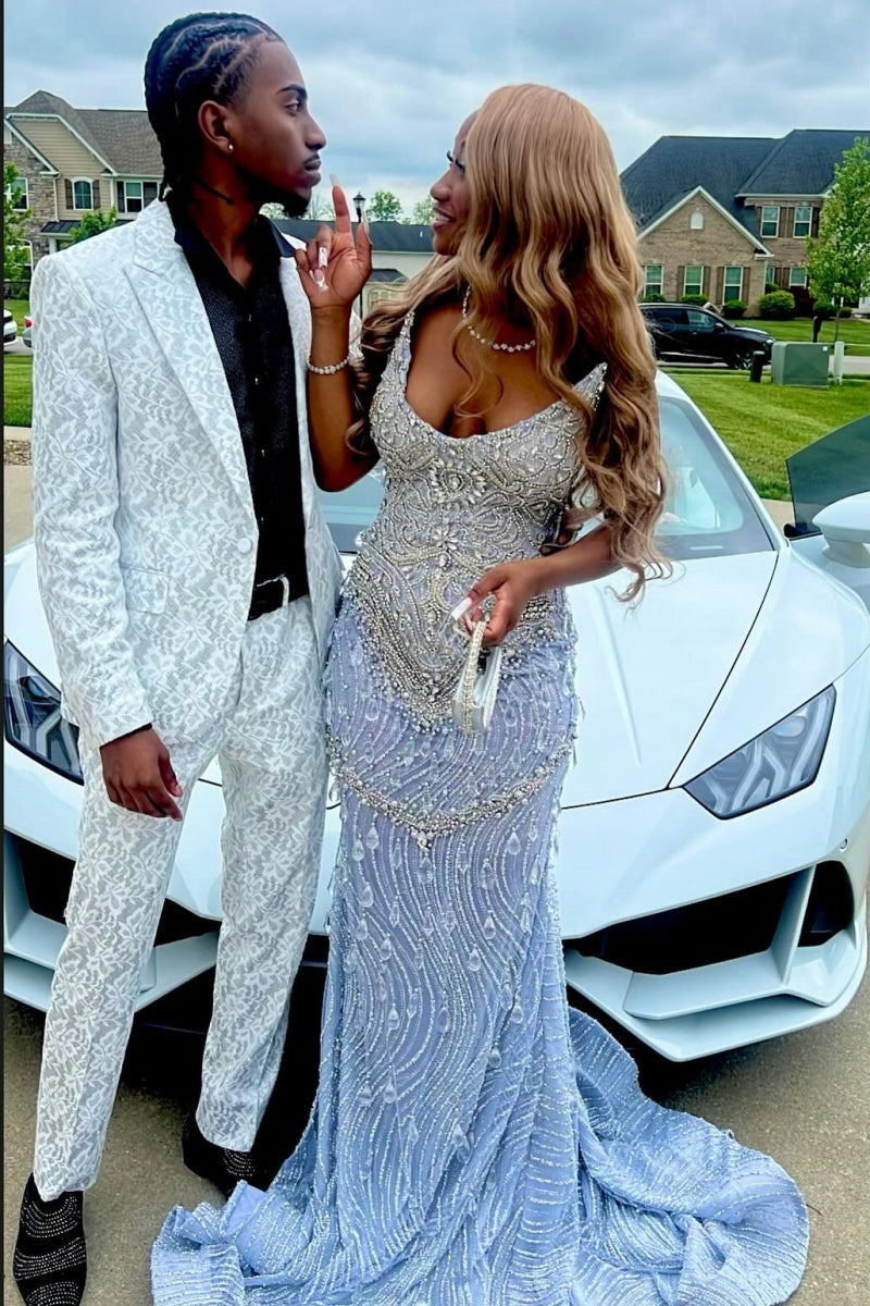 Chic Light Blue Beadings Sleeveness Prom Dresses