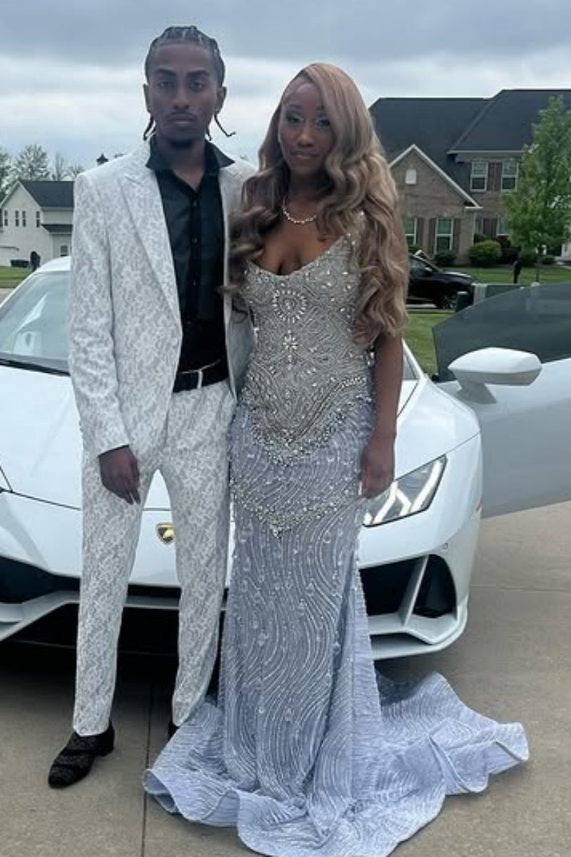 Chic Light Blue Beadings Sleeveness Prom Dresses