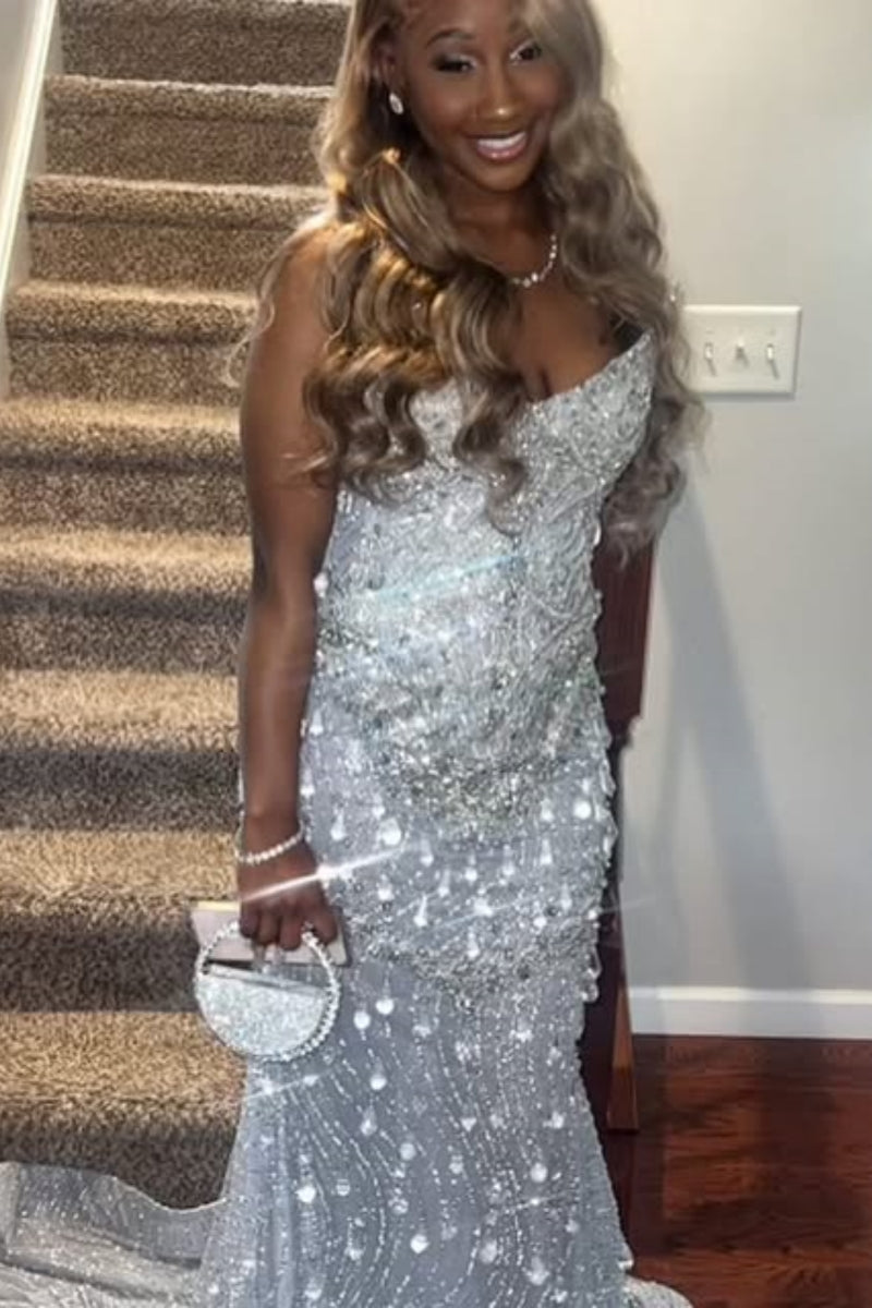 Chic Light Blue Beadings Sleeveness Prom Dresses