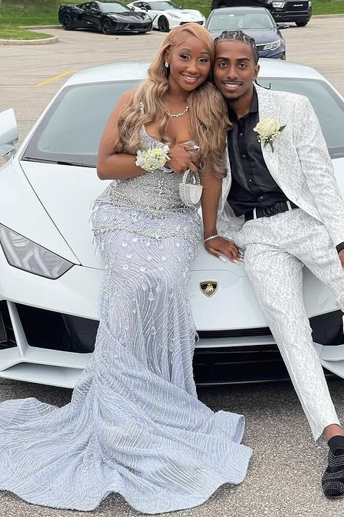Chic Light Blue Beadings Sleeveness Prom Dresses