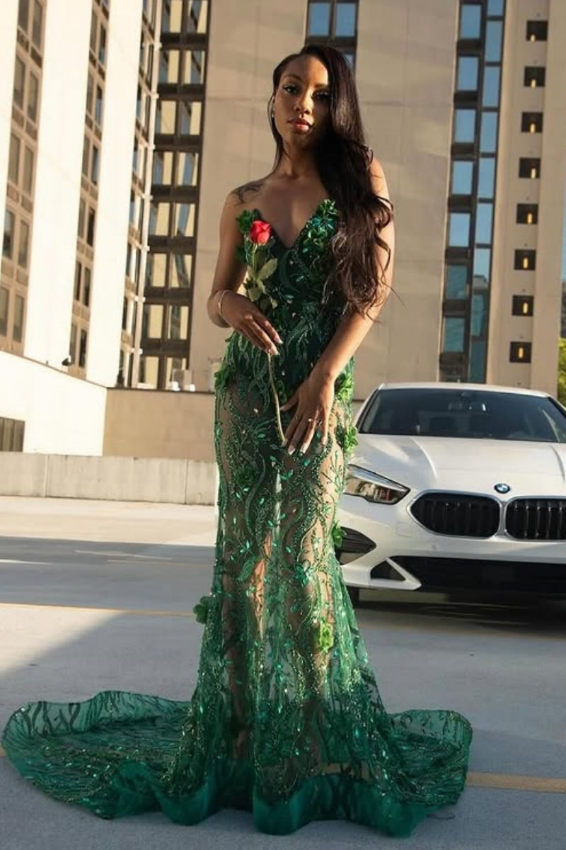Hot Dark Green Lace Beadings Sleeveness Appliques Prom Dresses