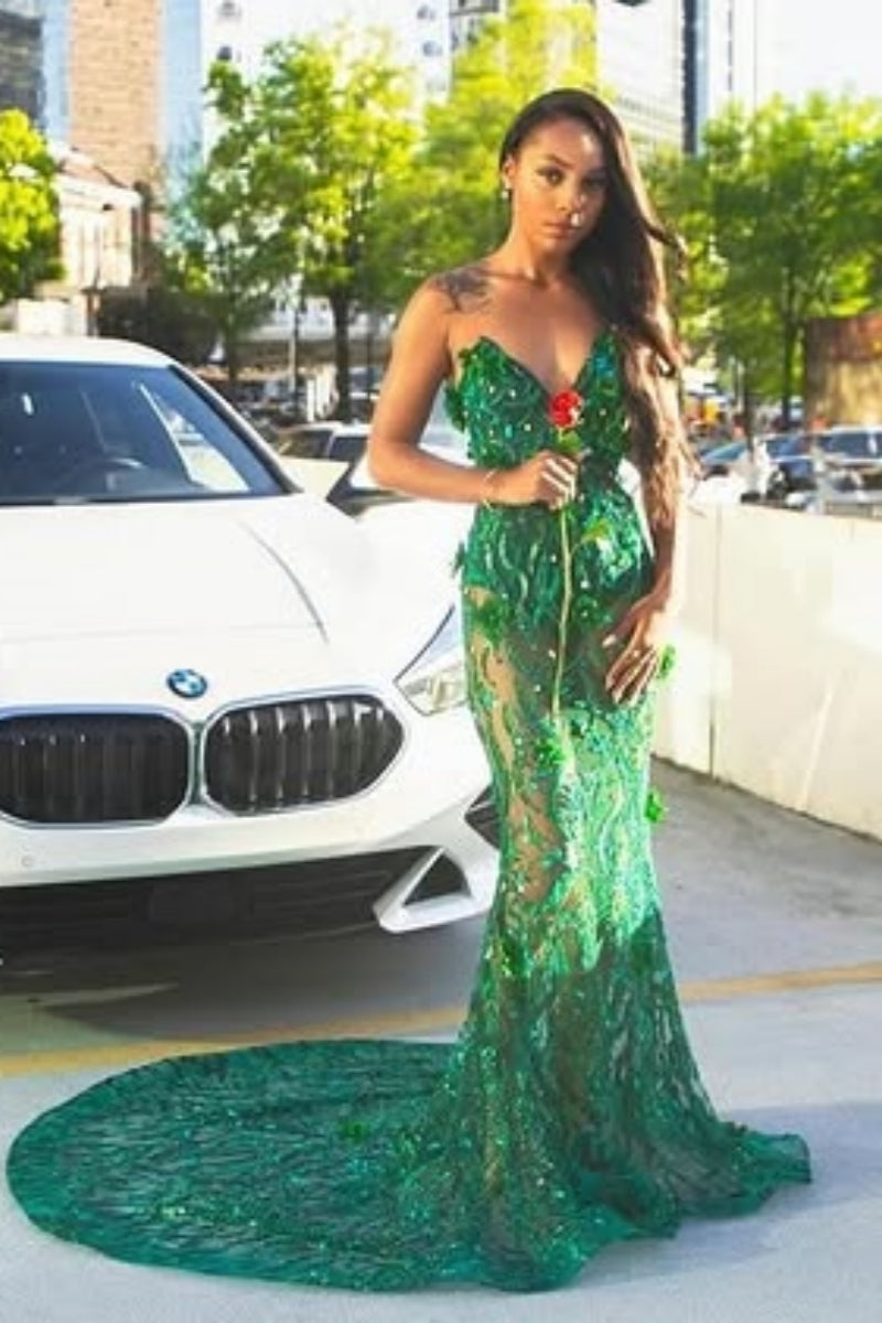 Hot Dark Green Lace Beadings Sleeveness Appliques Prom Dresses