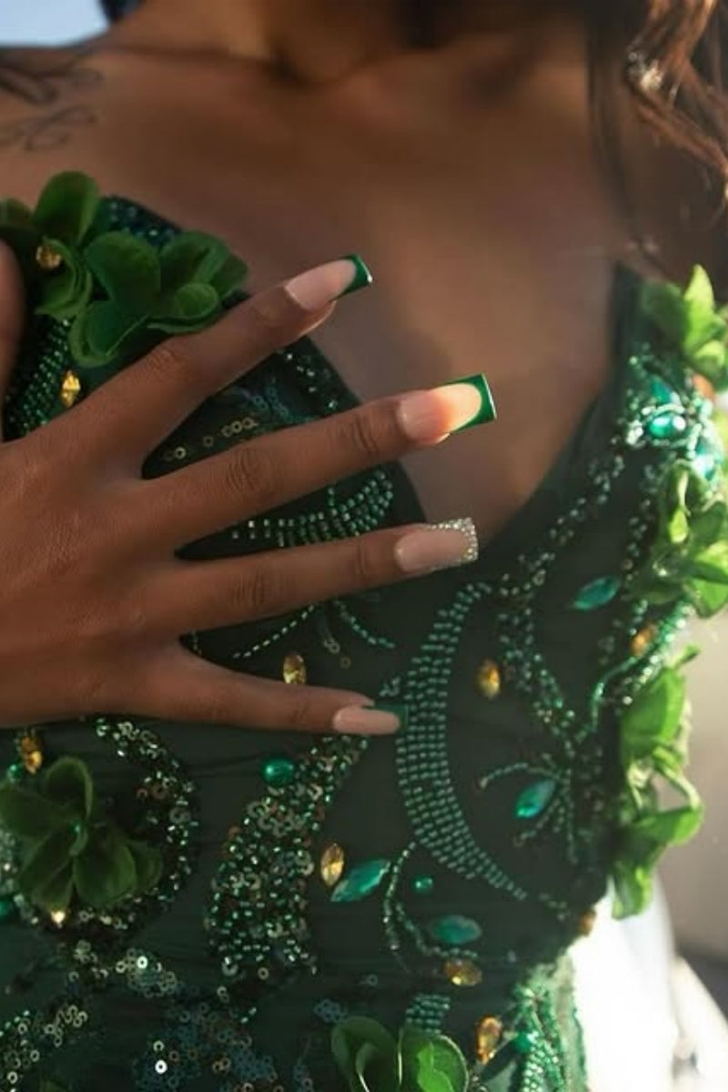 Hot Dark Green Lace Beadings Sleeveness Appliques Prom Dresses