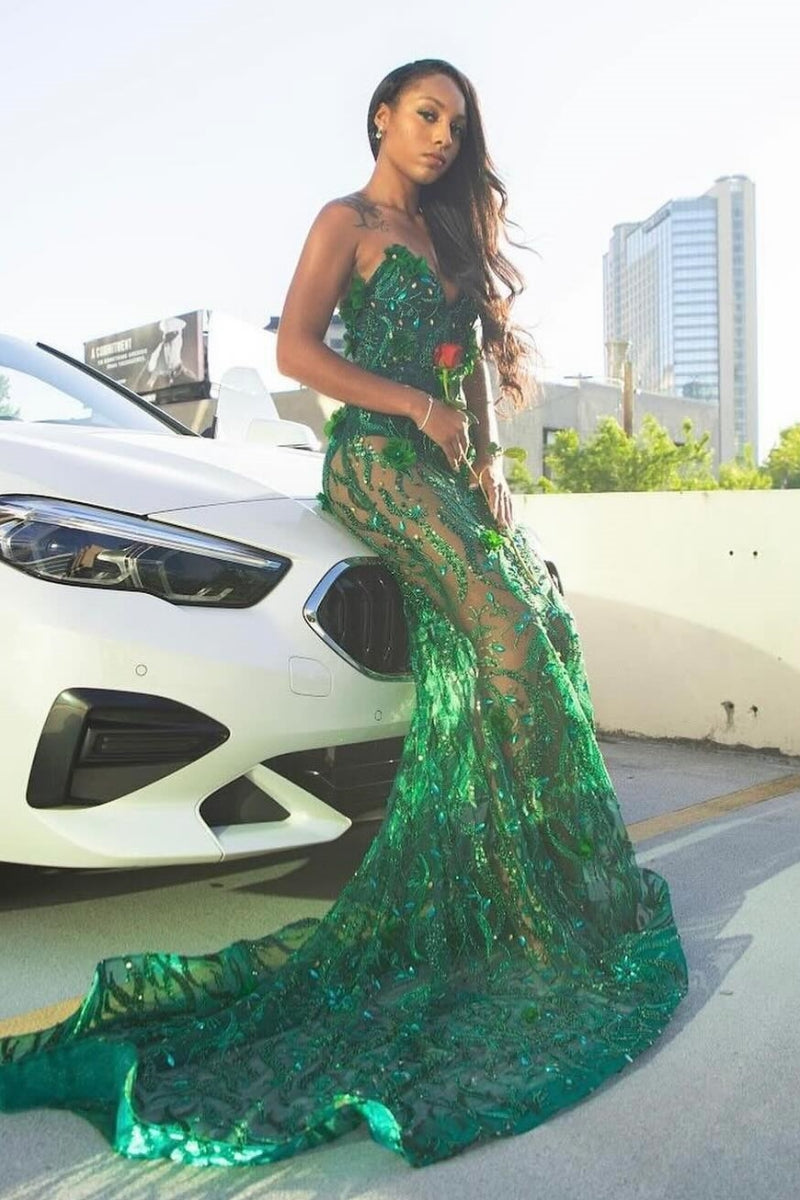 Hot Dark Green Lace Beadings Sleeveness Appliques Prom Dresses