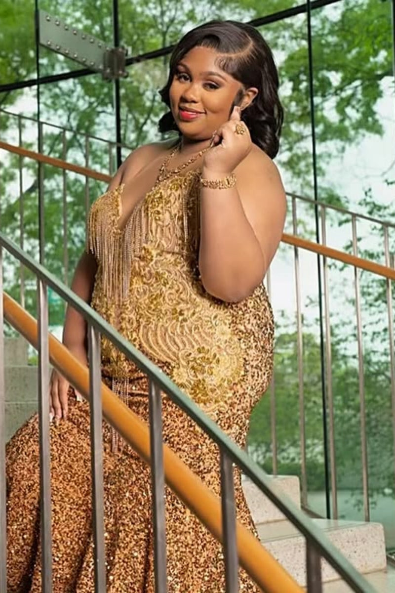 Sparkly Gold Plus Size Sleeveness Sequins Mermaid Prom Dresses