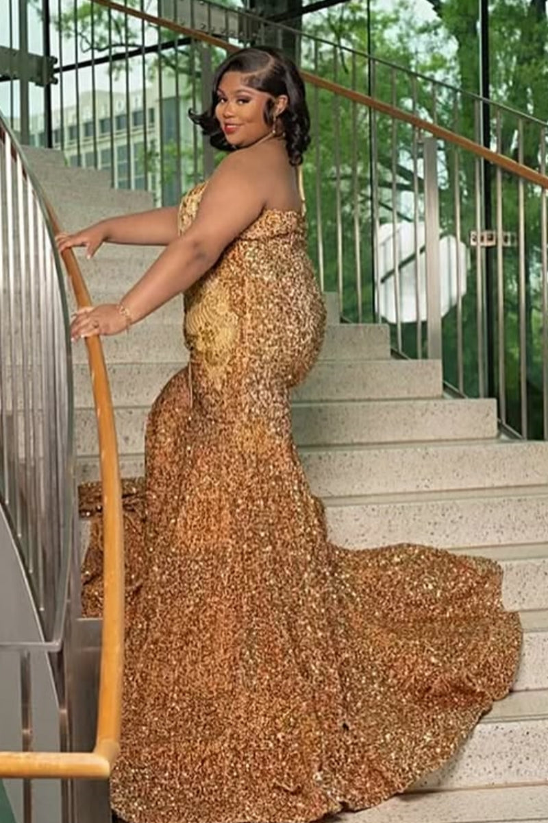 Sparkly Gold Plus Size Sleeveness Sequins Mermaid Prom Dresses