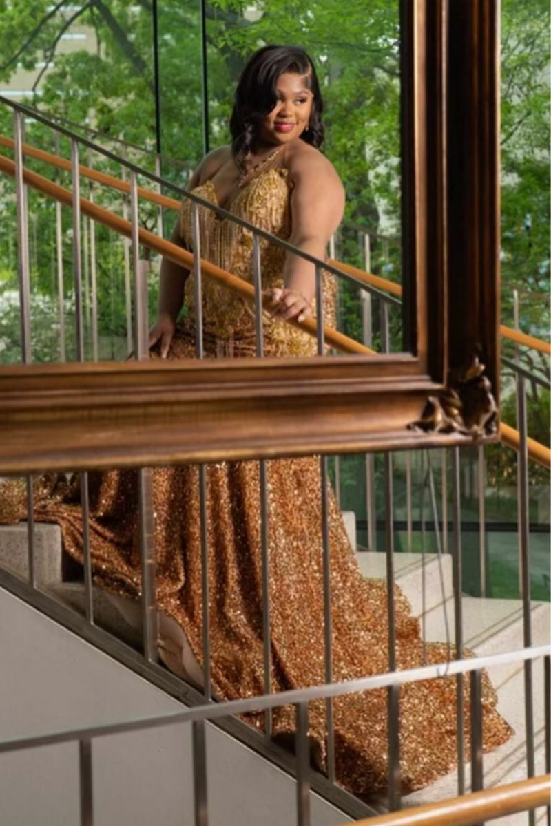 Sparkly Gold Plus Size Sleeveness Sequins Mermaid Prom Dresses
