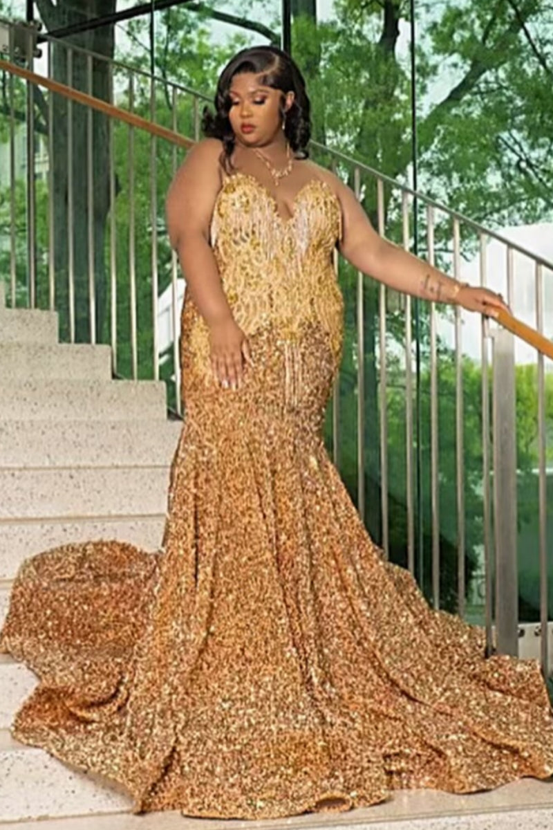 Sparkly Gold Plus Size Sleeveness Sequins Mermaid Prom Dresses