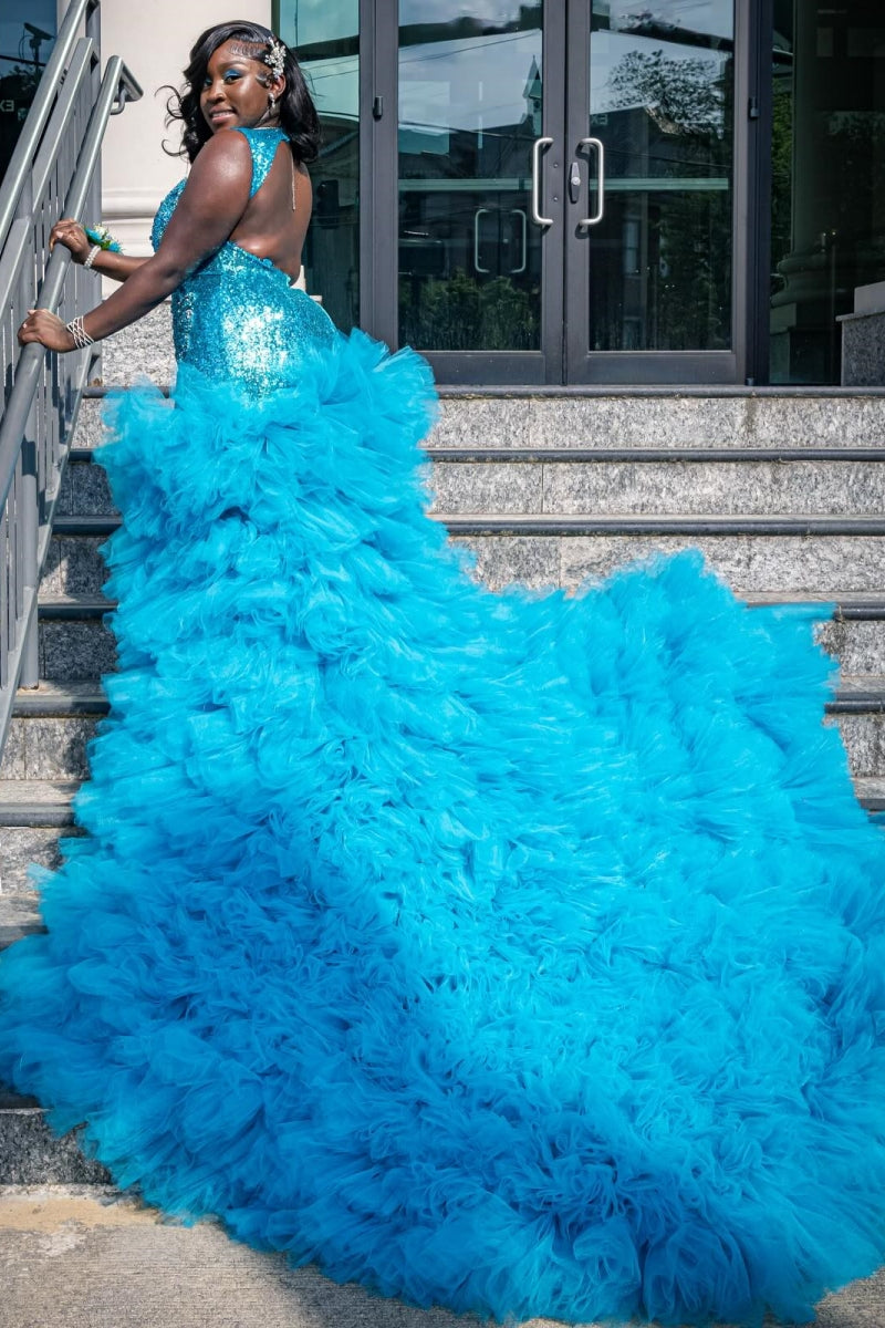 Ocean Blue Sweetheart Side Slit Tulle Prom Dresses With Beadings