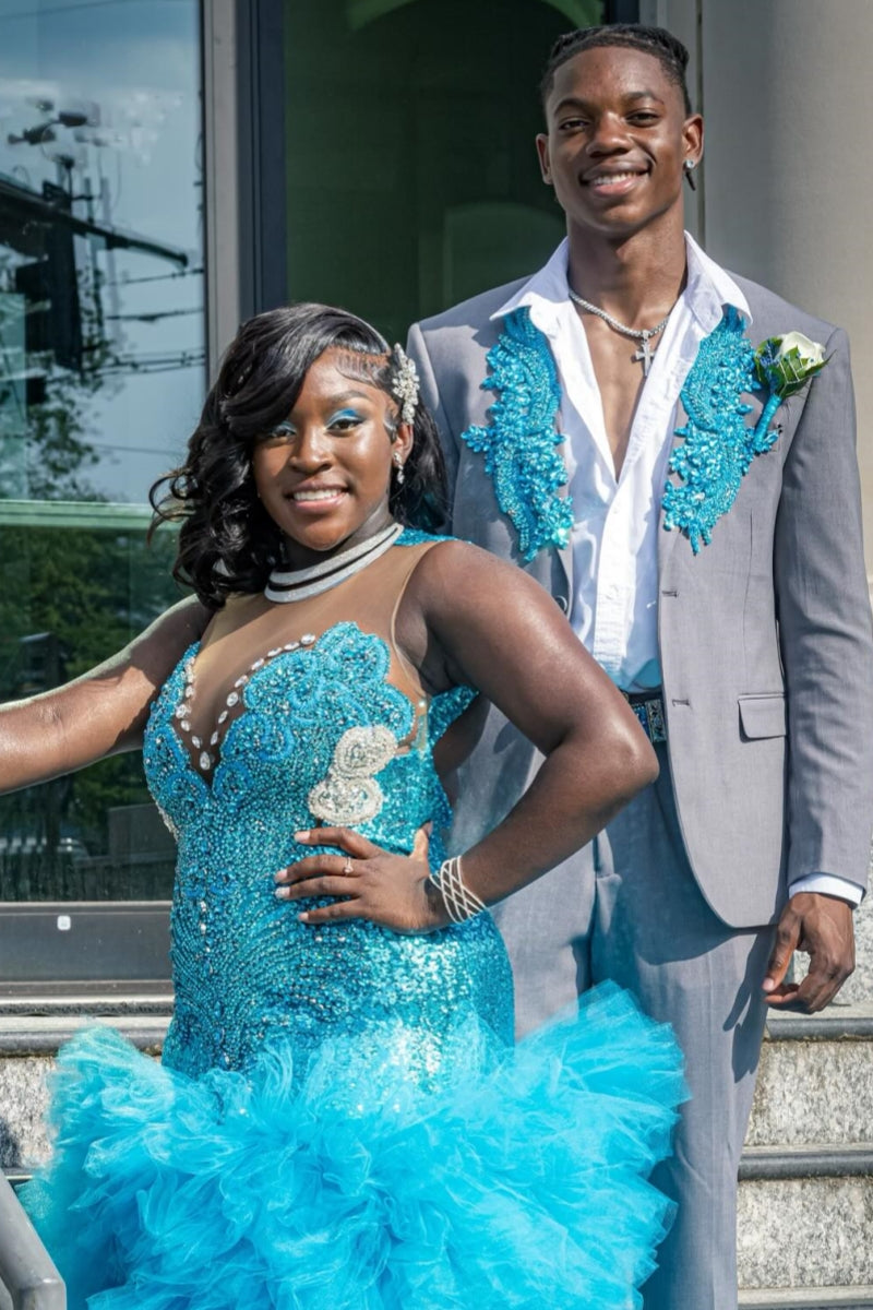 Ocean Blue Sweetheart Side Slit Tulle Prom Dresses With Beadings