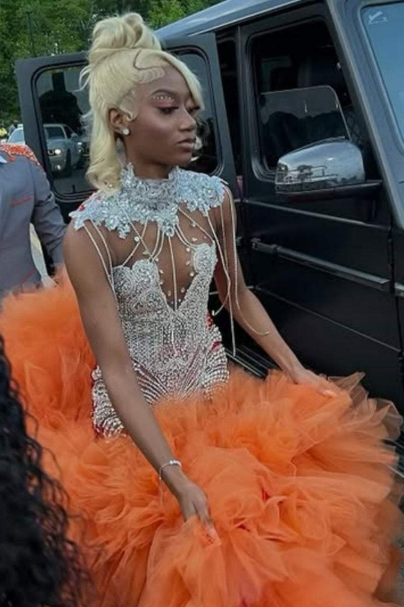 Fashion Orange Sleeveness Beadings Prom Dresses With Tulle Hemline