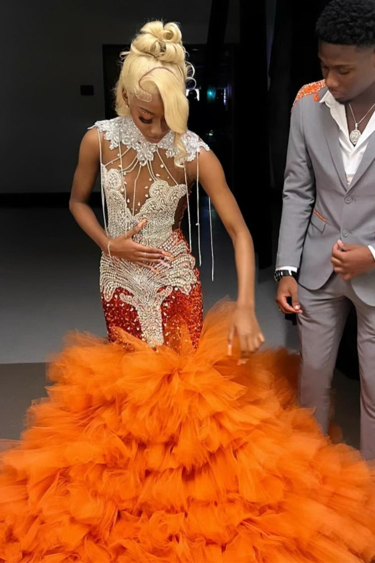 Fashion Orange Sleeveness Beadings Prom Dresses With Tulle Hemline