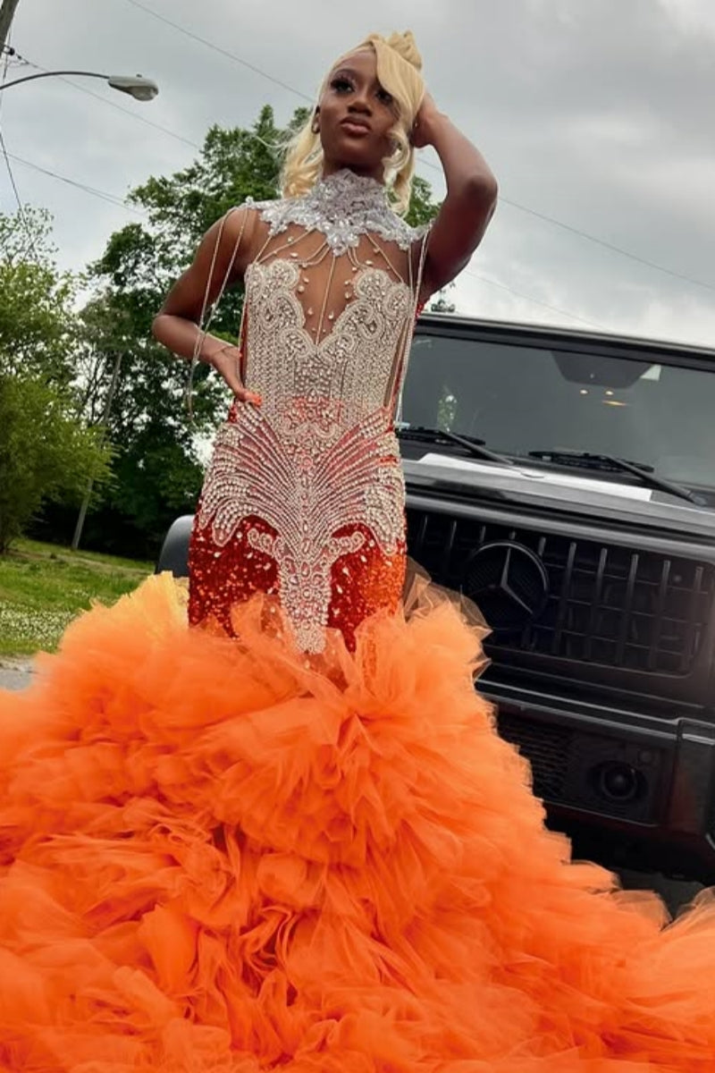 Fashion Orange Sleeveness Beadings Prom Dresses With Tulle Hemline