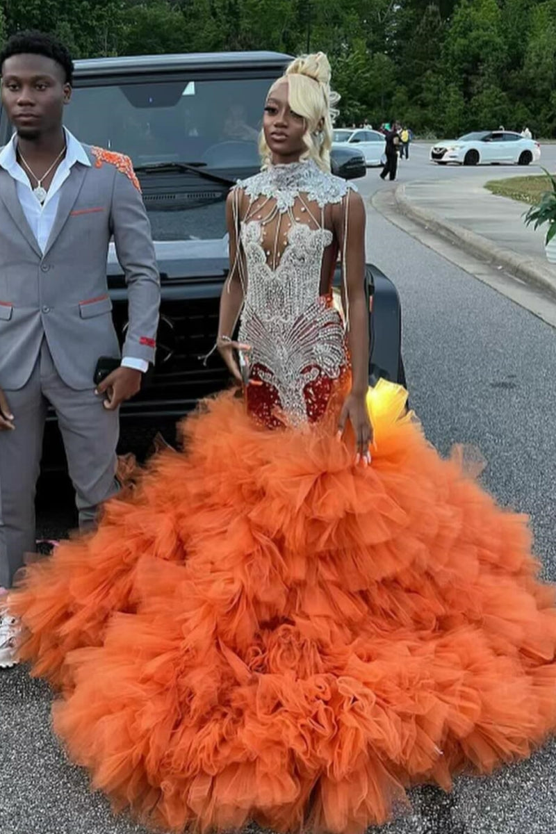 Fashion Orange Sleeveness Beadings Prom Dresses With Tulle Hemline